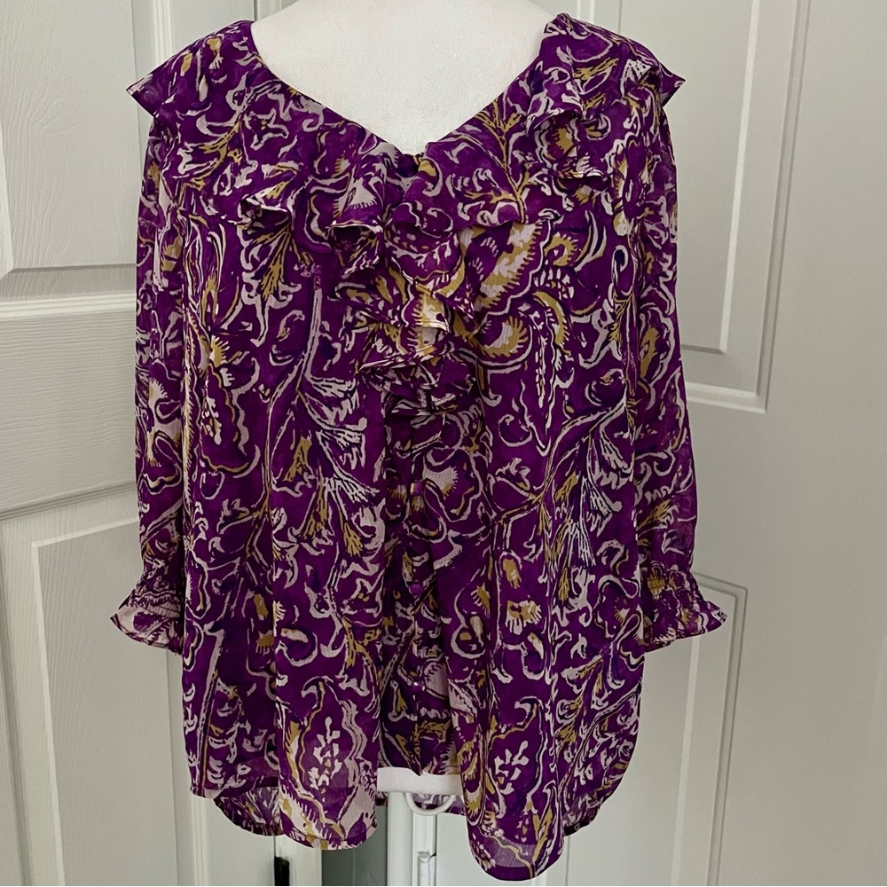 Lauren Ralph Lauren Top & Cami Purple XL/TG Floral Chiffon Ruffle SemiSheer Boho - Picture 2 of 13